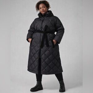 Athleta Boulevard Down Duster Coat Black 2X Hooded Belted Long Puffer Jacket